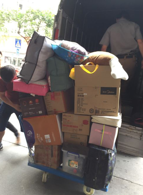 師傅正在用平板車(chē)拖物品